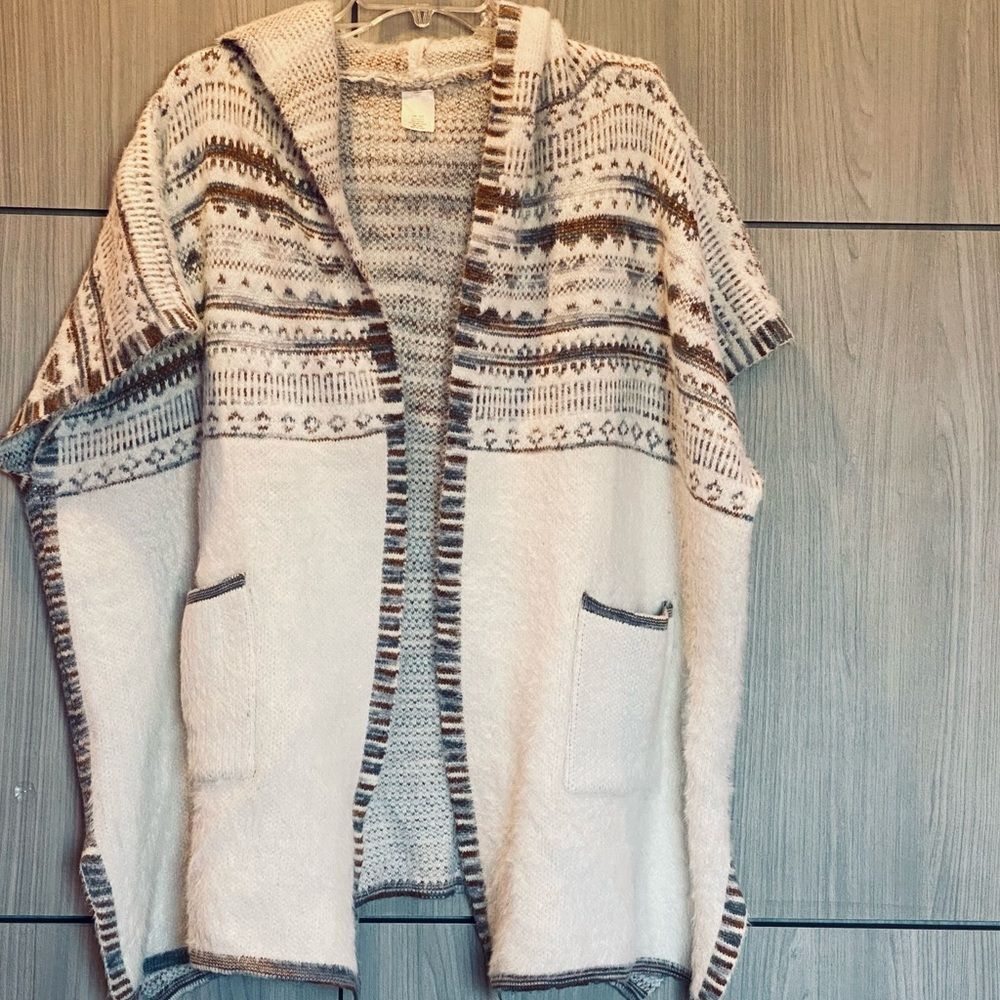 Boho Hooded Shawl Cardigan Sweater Coat Cozy One Size Cream